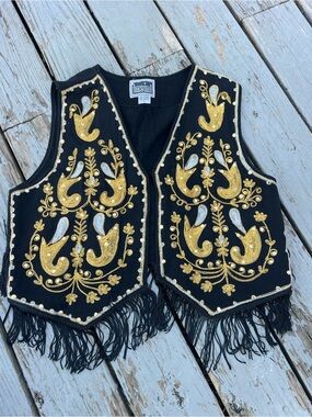 Vintage Black Vest with Gold Embroidery 1980 era large fringe boho embroidered